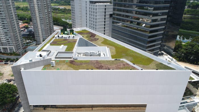 Cobertura extensa de edifício comercial com telhado verde implantado, cercado por prédios altos, representando uso corporativo da infraestrutura verde.
