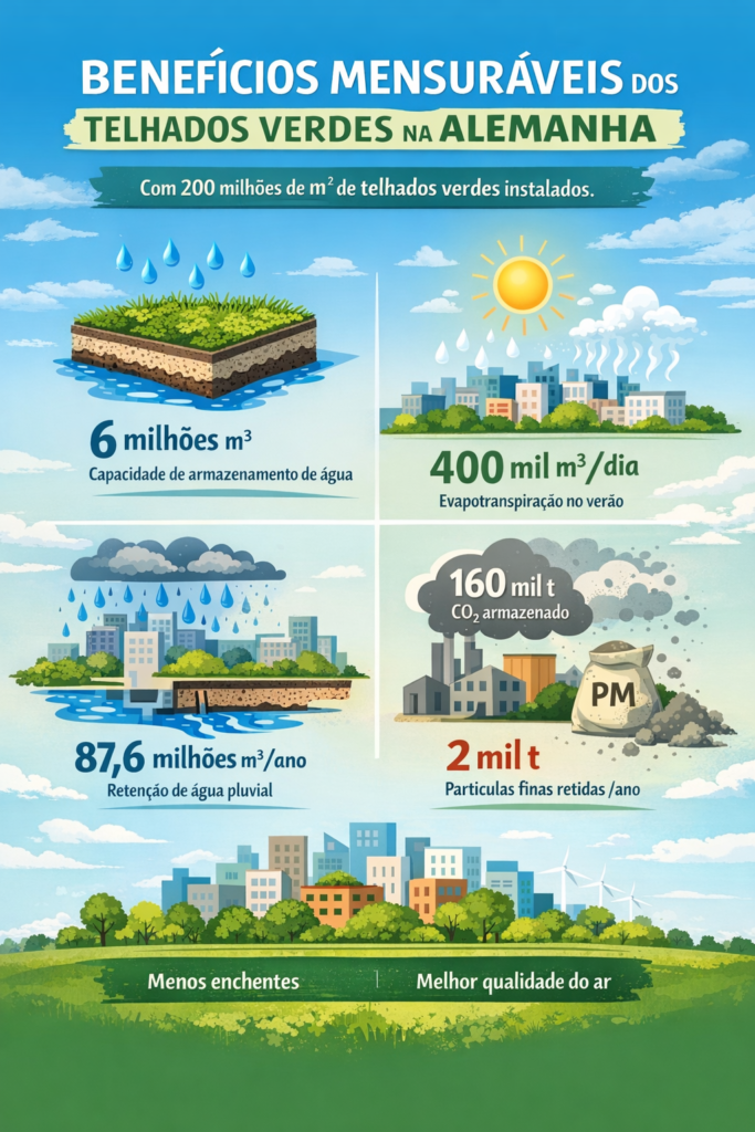 Infográfico ilustrado mostrando benefícios mensuráveis dos telhados verdes na Alemanha, como retenção de água, evapotranspiração e filtragem do ar.