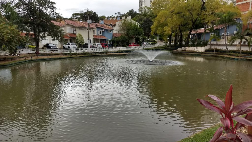 Lago com chafariz central cercado por casas residenciais e vegetação, mostrando ambiente urbano próximo ao Arroio Dilúvio.