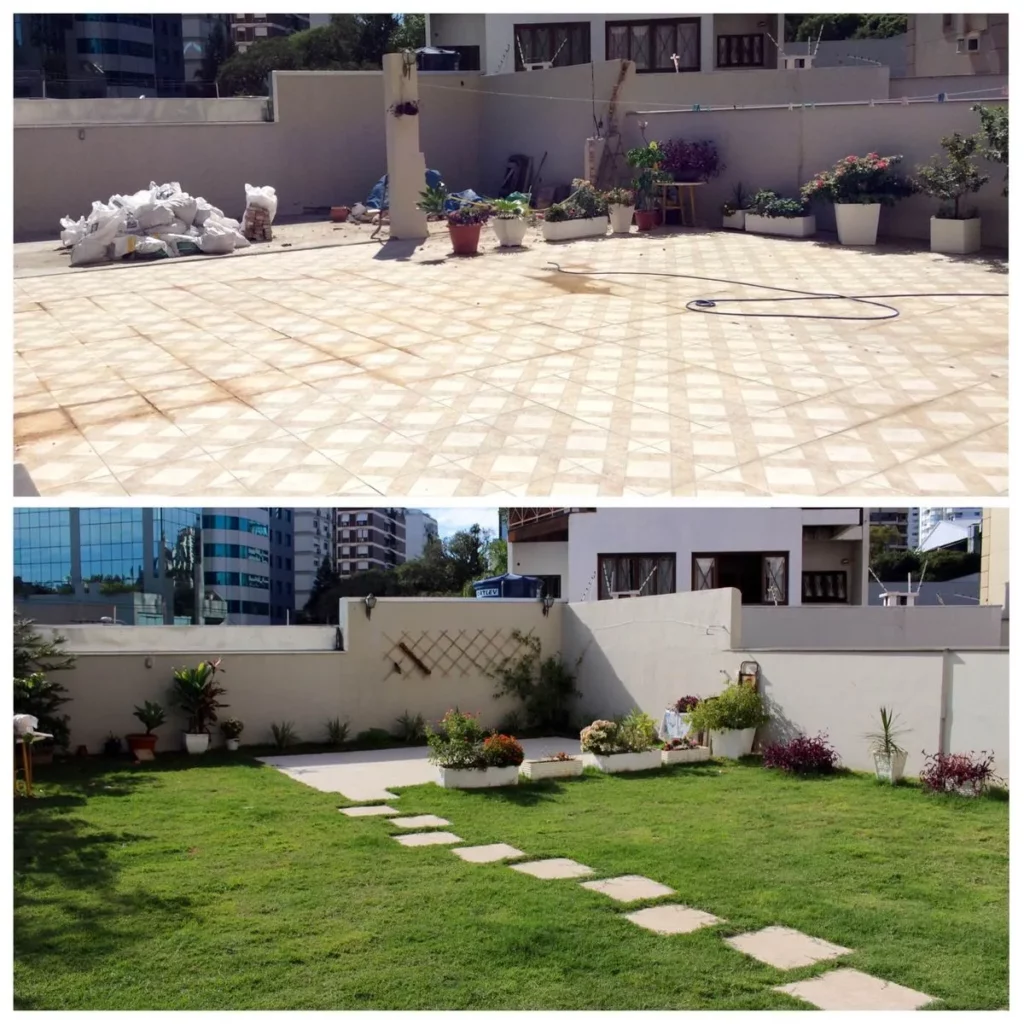 Montagem de "antes e depois" mostrando a transformação de uma laje de cobertura. No topo, uma área cimentada com sacos de entulho e piso desgastado. Abaixo, a mesma área convertida em um terraço verde com gramado vivo e caminho de pedras, exemplificando a eficiência e o ganho estético de um telhado verde funcional.