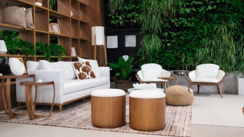 Ambiente interno de estar na Casa Elevato, destacando um exuberante Jardim Vertical Mamute ao fundo que cobre a parede com folhagens verdes densas. O espaço é composto por um sofá branco de design clean, poltronas de madeira com estofamento claro, pufes cilíndricos de madeira e uma estante vazada que também abriga plantas. A integração da vegetação com os materiais naturais reforça o conceito biofílico do projeto, promovendo uma atmosfera acolhedora, purificação do ar e conforto térmico.