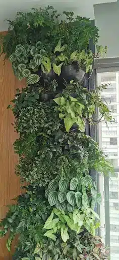 Jardim vertical interno com diferentes espécies de plantas tropicais, formando uma parede viva densa ao lado de uma janela, integrando vegetação à arquitetura do ambiente.