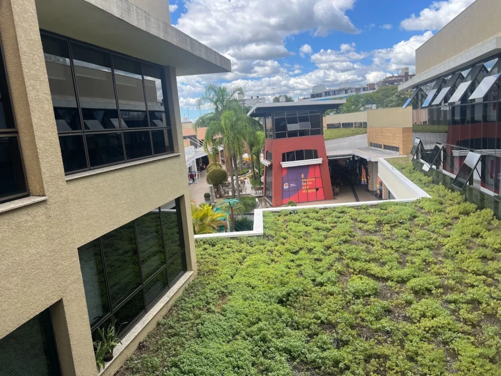 ista aérea parcial do Paseo Zona Sul Shopping em Porto Alegre, destacando uma ampla cobertura com Telhado Verde da Ecotelhado em primeiro plano. A vegetação densa e rasteira cobre a laje entre os prédios de arquitetura contemporânea, com janelas espelhadas que refletem o céu. Ao fundo, observa-se o pátio central do shopping de conceito aberto, com palmeiras e áreas de convivência, exemplificando a integração da infraestrutura verde para conforto térmico e manejo de águas pluviais no ambiente urbano.
