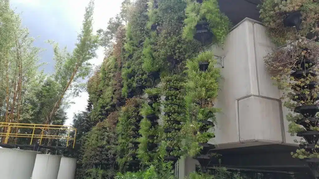 Vista em perspectiva de um sistema de brise vegetal composto por módulos verticais pretos sobrepostos e fixados na fachada de um edifício. Os recipientes abrigam plantas volumosas de tons verdes e acobreados que utilizam a evapotranspiração para resfriar passivamente o ar antes que ele atinja a edificação, contrastando com o concreto inerte ao lado.