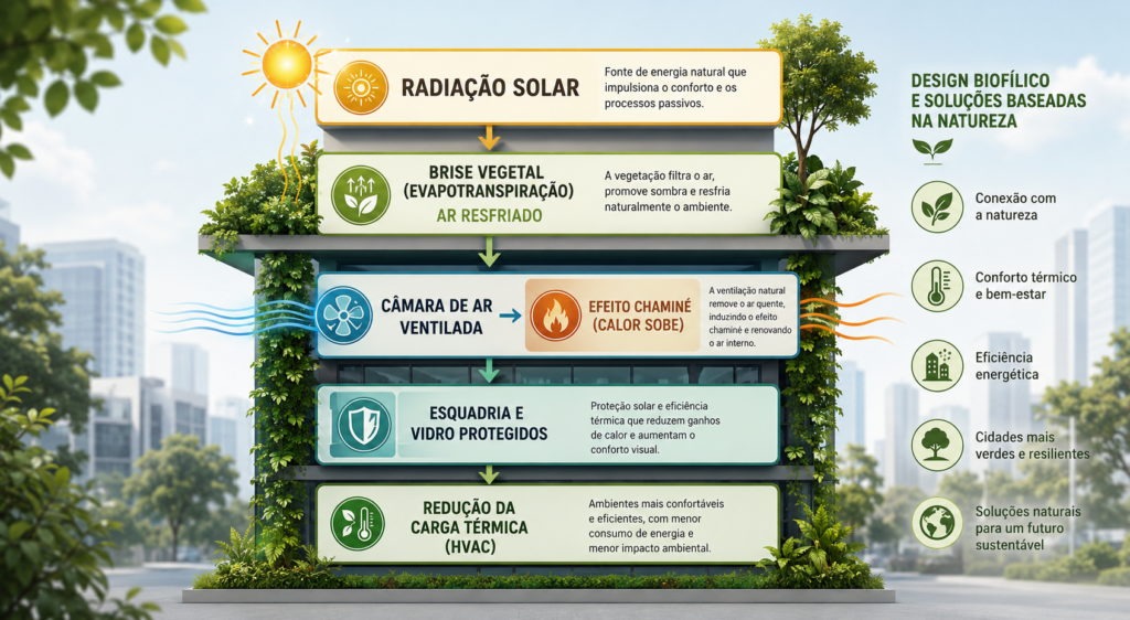 Infográfico explicativo sobre Design Biofílico e Soluções Baseadas na Natureza aplicadas a um edifício. O esquema ilustra o fluxo termodinâmico: a radiação solar atinge o brise vegetal, gerando ar resfriado por evapotranspiração; o ar entra em uma câmara ventilada provocando o efeito chaminé (o calor sobe); o que protege as esquadrias e vidros, resultando na redução da carga térmica e menor consumo do sistema de HVAC. À direita, ícones destacam benefícios como conexão com a natureza, conforto térmico, eficiência energética, cidades mais verdes e soluções sustentáveis.