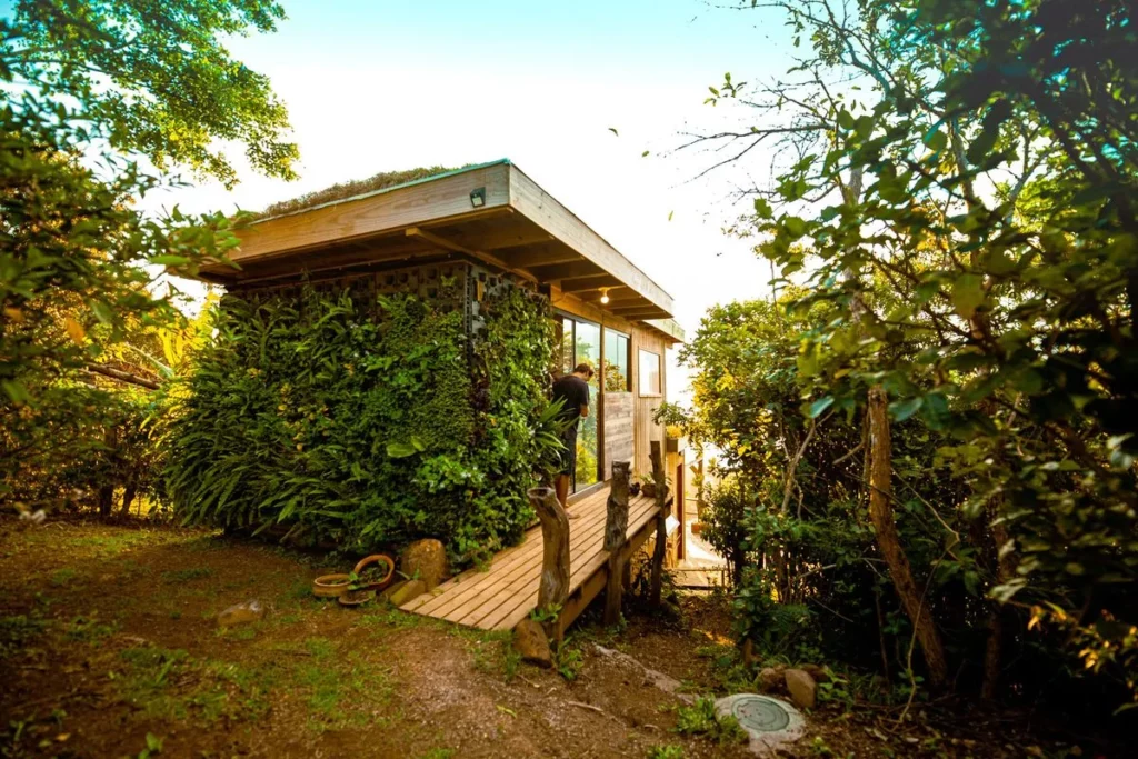 Fotografia externa de uma cabine sustentável compacta construída em meio à natureza. A fachada lateral esquerda é inteiramente coberta por um muro vegetado denso e verde. A estrutura possui teto plano com telhado verde e uma rampa de acesso feita de tábuas de madeira texturizada. Um homem está de costas próximo à porta de vidro de correr da entrada. O canteiro ao redor é composto por terra e árvores integradas à edificação sob a luz do entardecer.