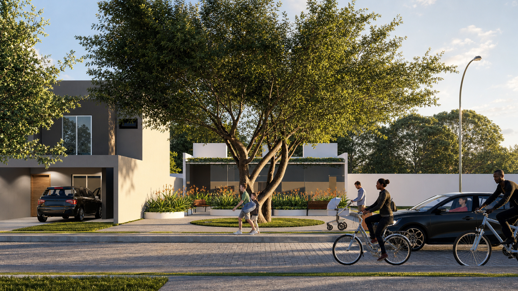 Render aprimorado de rua arborizada do condomínio