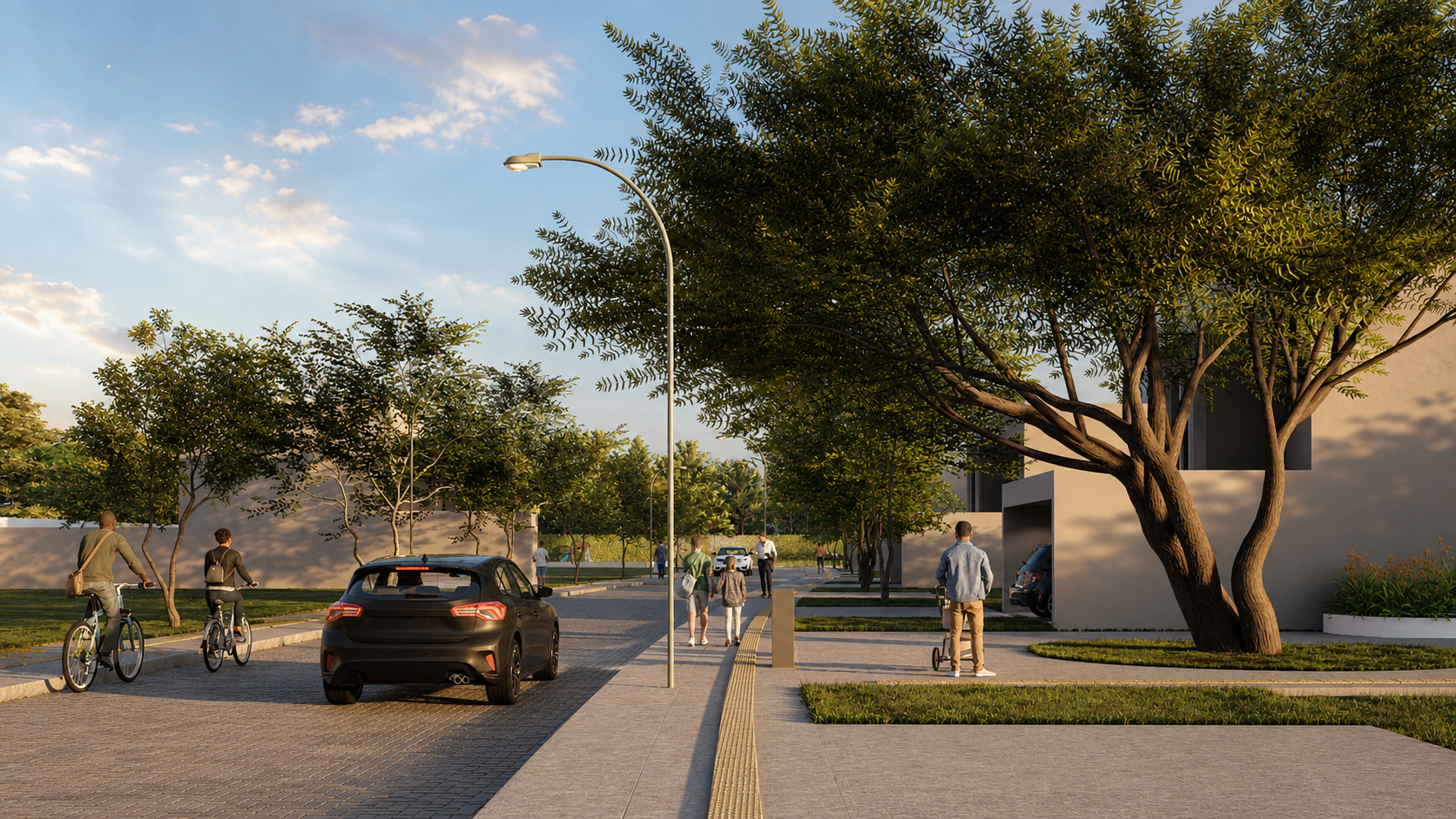 Render aprimorado das ruas internas arborizadas do condomínio