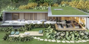 casa com telhado verde biofilia na arquitetura