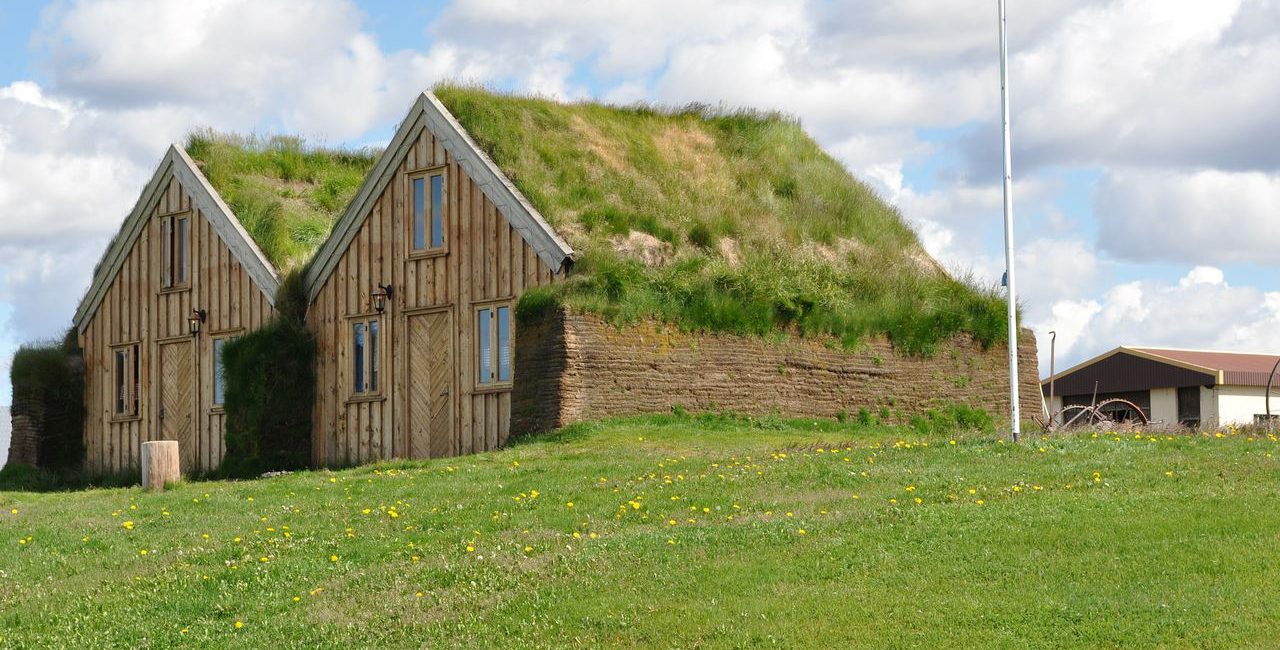 casa com telhado verde em um campo