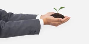 mão segurando uma planta para simbolizar uma empresa eco friendly