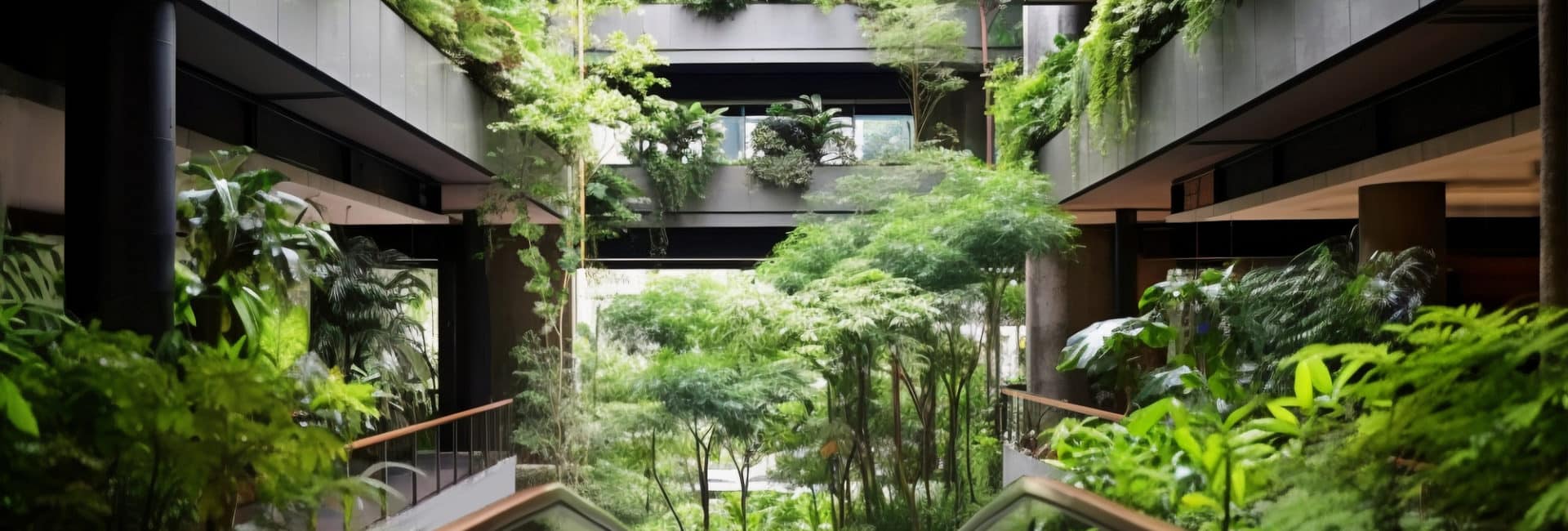 Imagem de um prédio cheio de jardin e plantas, para simbolizar o design biofílico