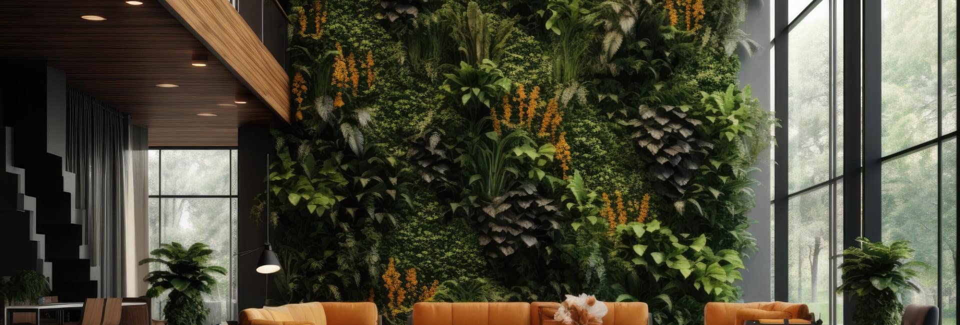 Imagem de um hall de entrada de prédio com enorme parede verde para simbolizar o paisagismo corporativo