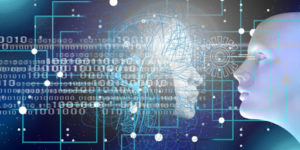 Imagem de um rosto robótico com vários códigos em volta para simbolizar a IA na descarbonização
