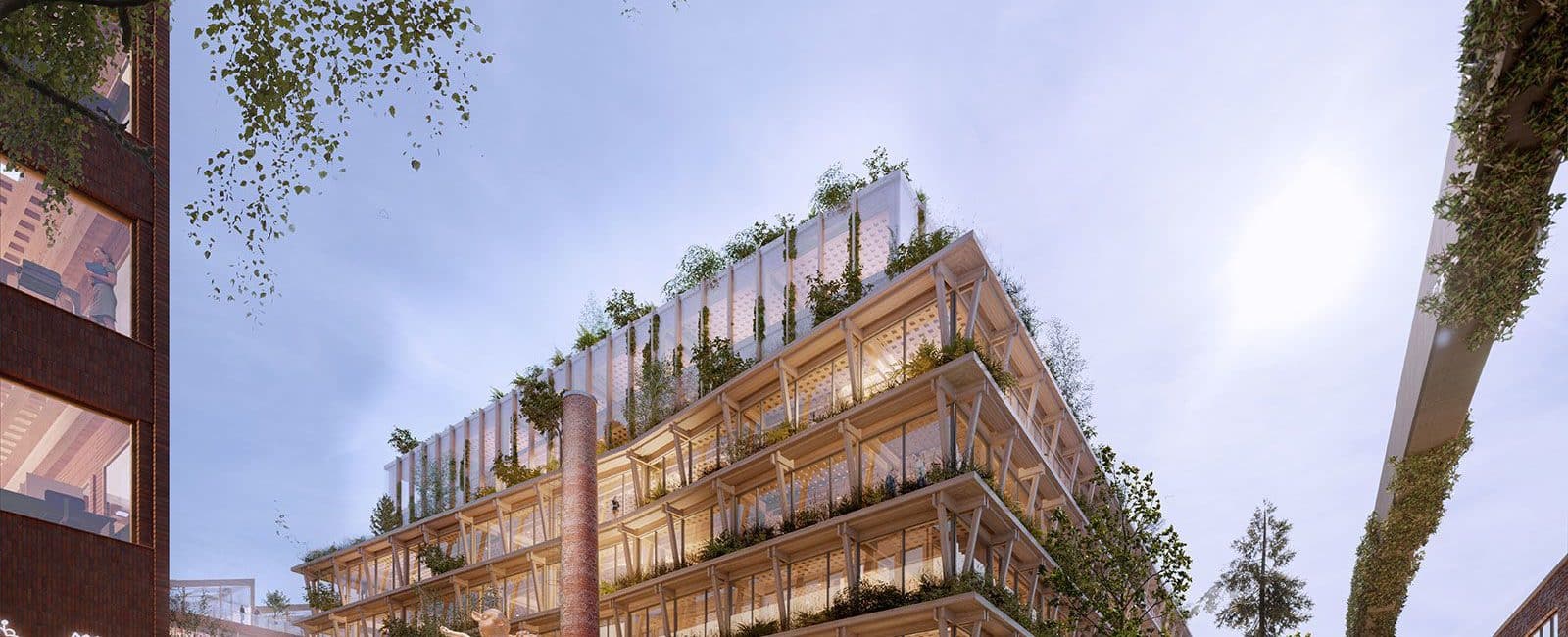 Imagem de uma construção em madeira com jardins verticais