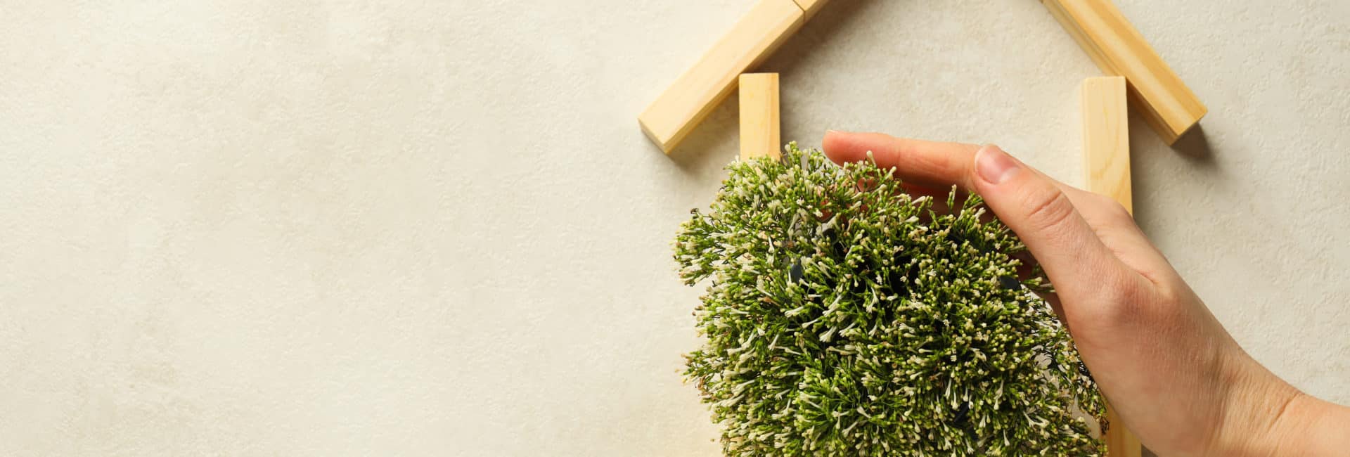 Mão protegendo um arbusto verde em formato de coração dentro de uma estrutura de casa feita com blocos de madeira, simbolizando sustentabilidade e proteção ambiental no lar.