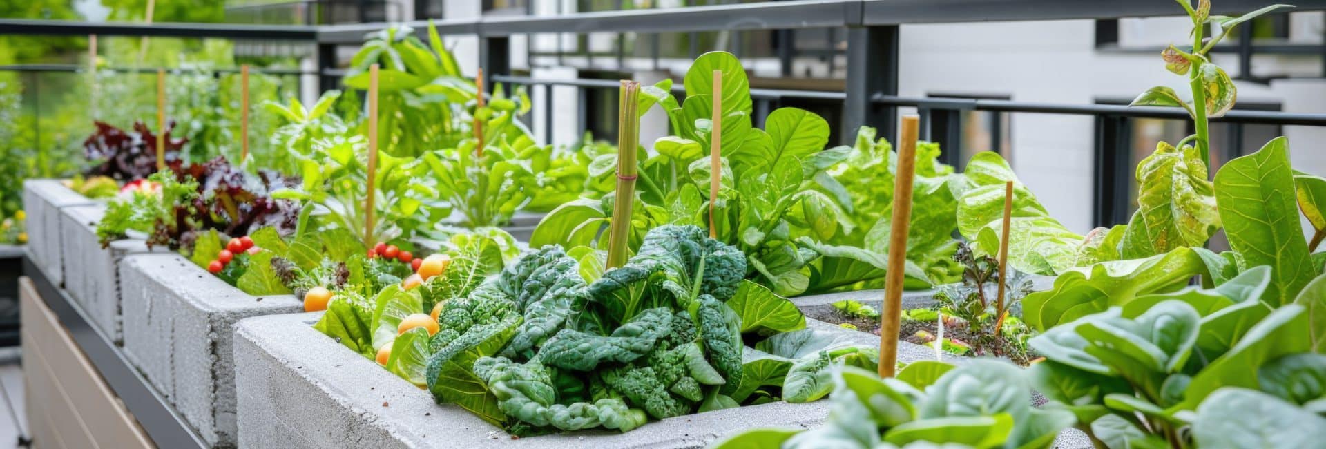 Horta urbana em uma varanda de prédio residencial, com blocos de concreto utilizados como canteiros e diversas hortaliças verdes e coloridas crescendo