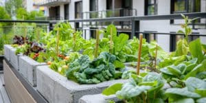 Horta urbana em uma varanda de prédio residencial, com blocos de concreto utilizados como canteiros e diversas hortaliças verdes e coloridas crescendo