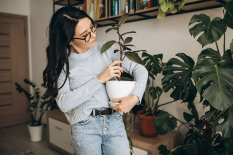 mulher segurando uma planta em um vaso branco, dentro de casa, rodeada por outras folhagens