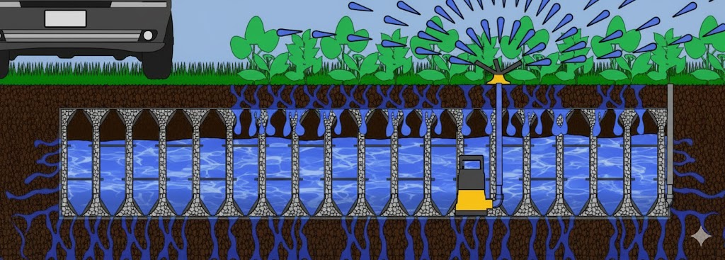 Ilustração do sistema Ecodreno da Ecotelhado, mostrando a retenção e infiltração da água da chuva no solo, com vegetação e irrigação na superfície.