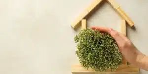 Vista superior de uma composição minimalista sobre fundo texturizado bege. À direita, peças de madeira formam o contorno geométrico de uma casa. Dentro da "casa", uma mão humana segura e protege um arranjo circular de plantas verdes e densas. A imagem simboliza a integração entre construção civil e natureza, ilustrando o conceito de IPTU Verde e sustentabilidade urbana.